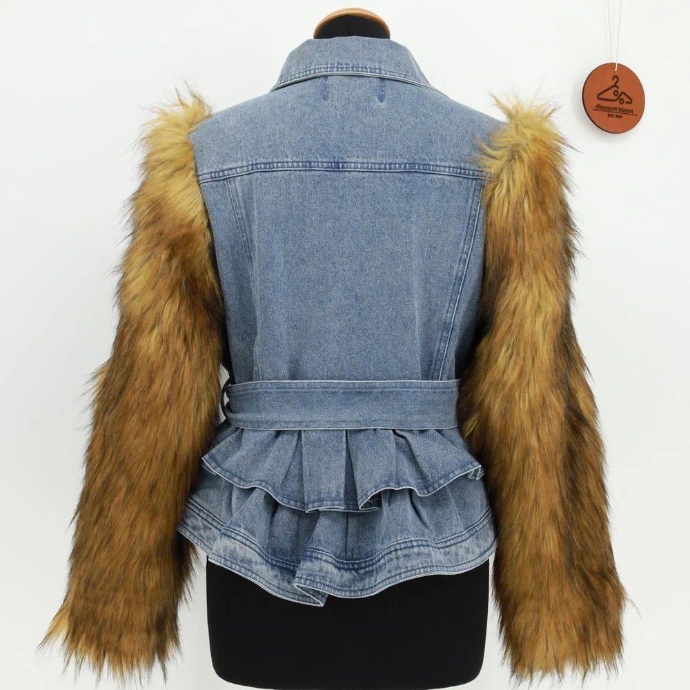 Azalea Wang‎ Denim Jacket Fur Sleeves Belted Ruffle Peplum Size Large NWOT